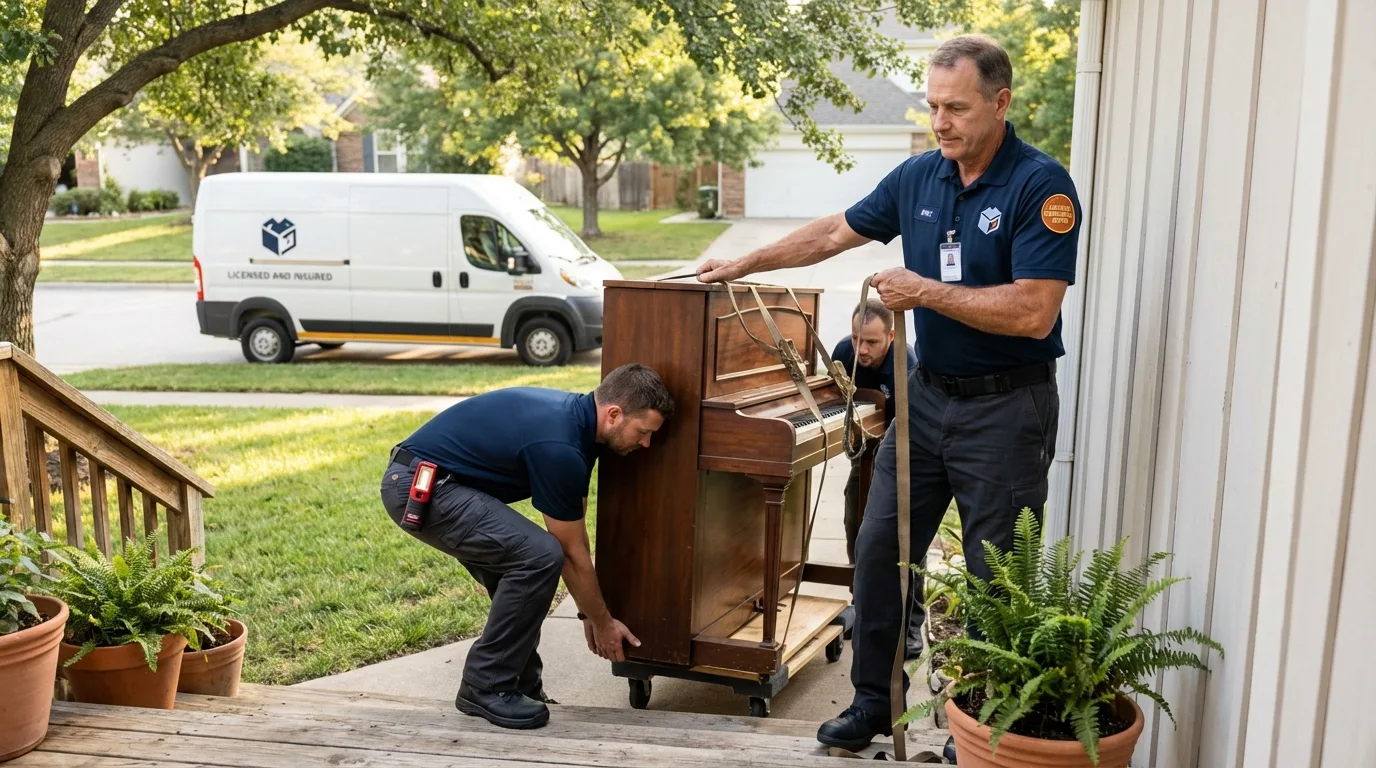 Licensed piano movers securing grand piano in Bennington, NE