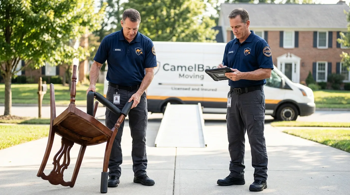 Movers inspecting furniture for damage prevention before loading in Bennington, NE